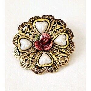 Vintage 1928 Collection Brooch Gold Tone Filagree Faux Pearl Heart Rose 1"